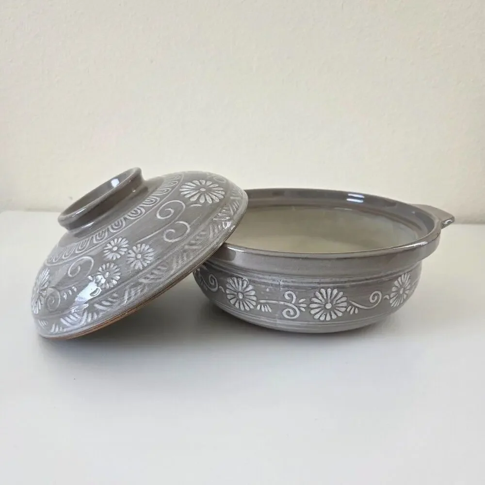 Vintage Handcrafted Ceramic Casserole Dish w Lid Gray Embossed Floral Rustic